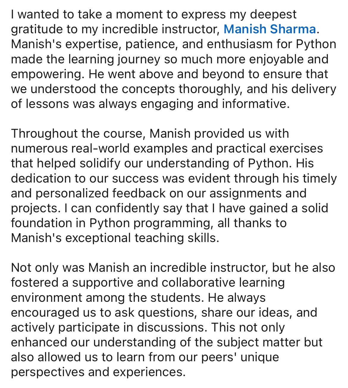 Student feedback screenshot